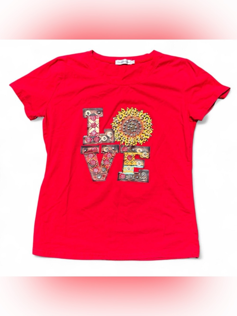 Nali Collection beaded LOVE baby tee featuring a sunflower and owl motifs